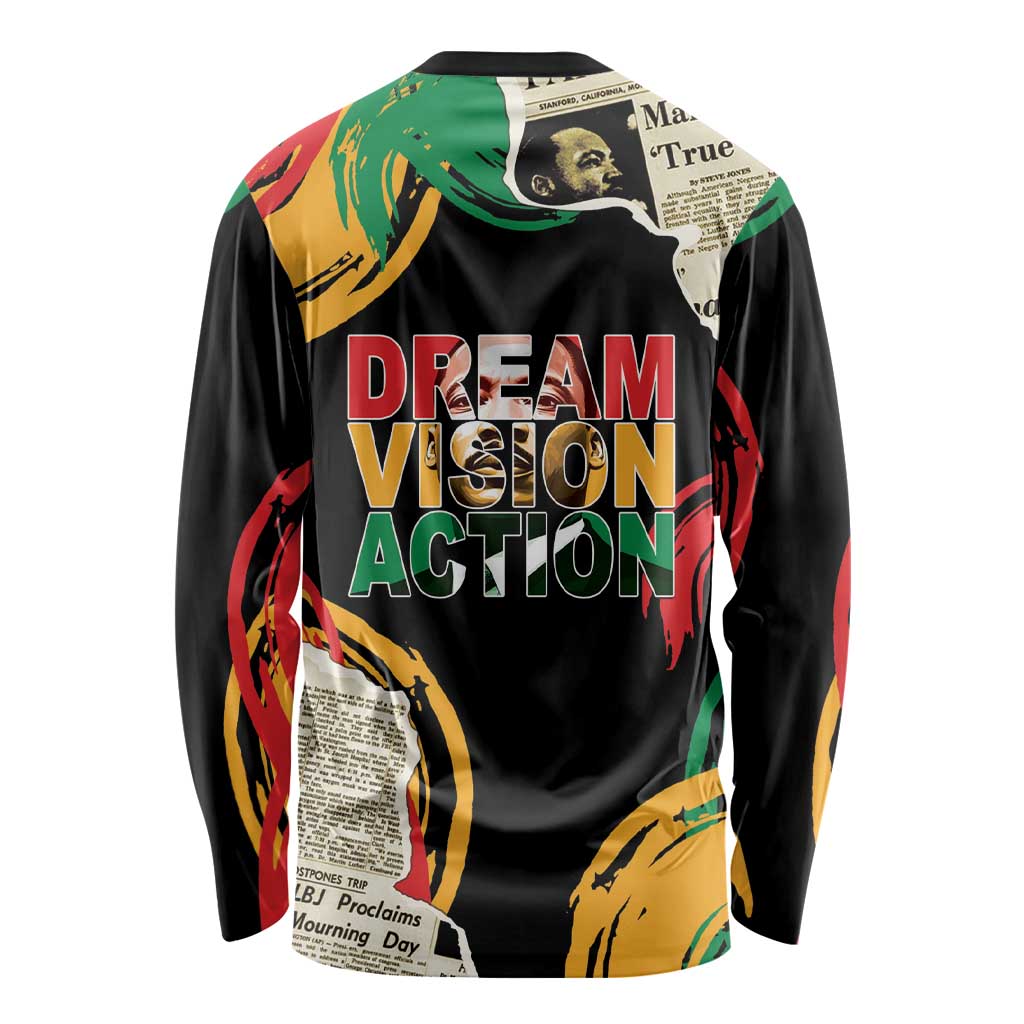 Black unisex long sleeve shirt with large "DREAM VISION ACTION" multicolor print