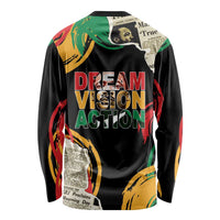 Black unisex long sleeve shirt with large "DREAM VISION ACTION" multicolor print