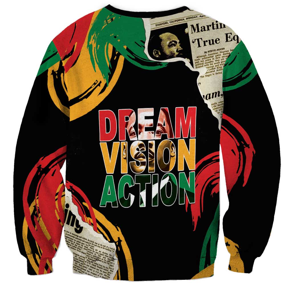 Unisex black sweatshirt with red/yellow/green “DREAM VISION ACTION” front graphic