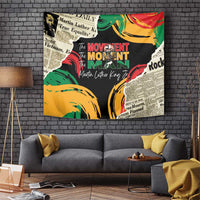 Black MLK legacy tapestry with colorful graphic print, rectangular wall hanging