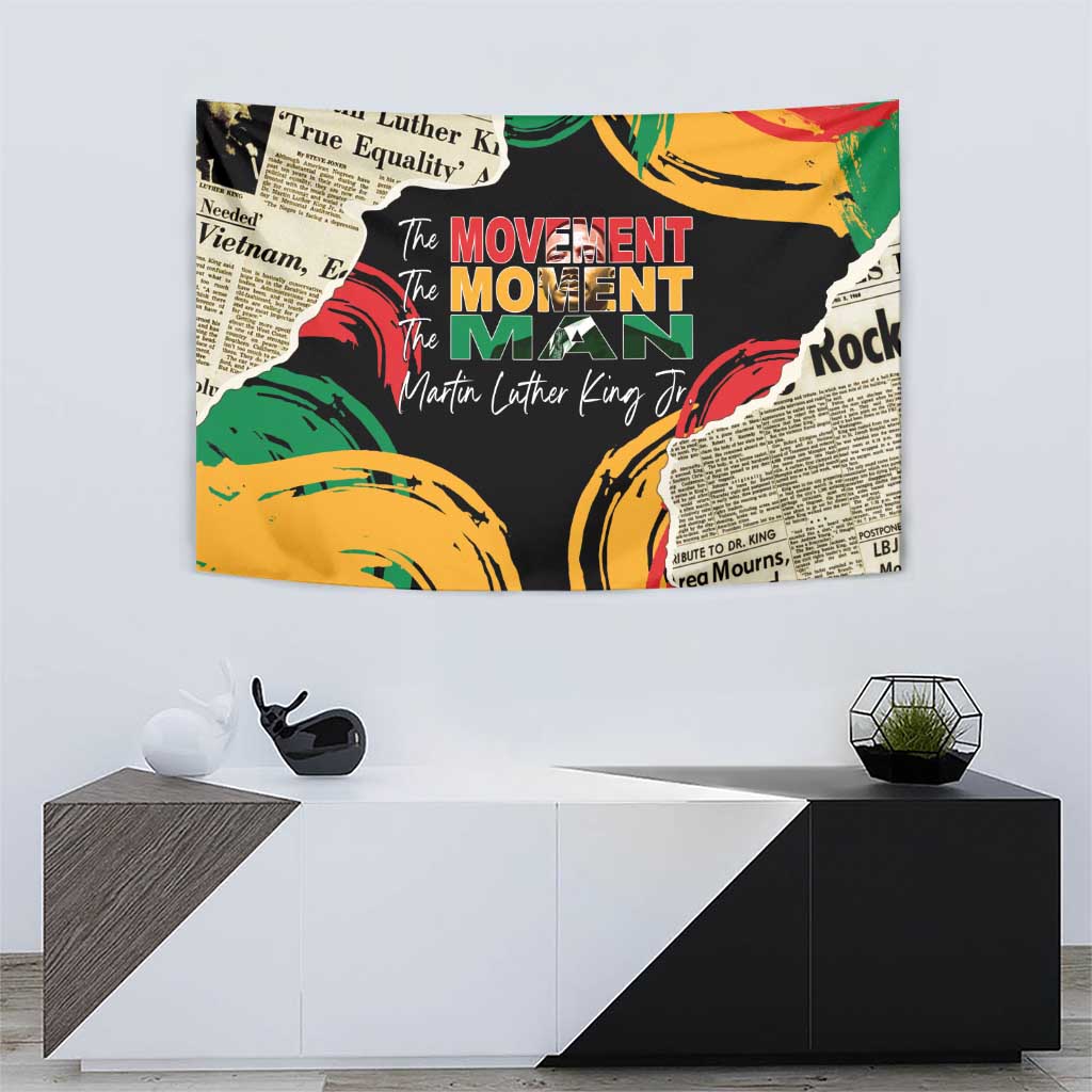 Black MLK legacy tapestry with colorful graphic print and bold red/green lettering
