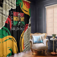 Black window curtain with colorful "Move the Man" text graphic and quote-style design