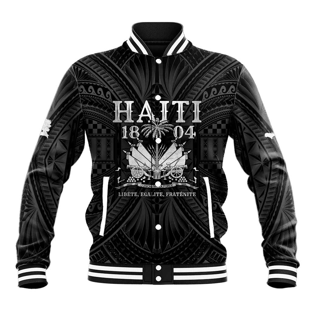 Black baseball jacket with striped collar and front button placket, HAITI 1804 graphic