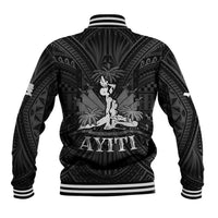 Black baseball jacket with striped cuffs, back graphic and HAITI 1804 lettering