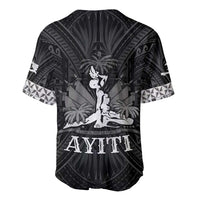 Black baseball jersey back with large crest and AYITI text, V-neck button front