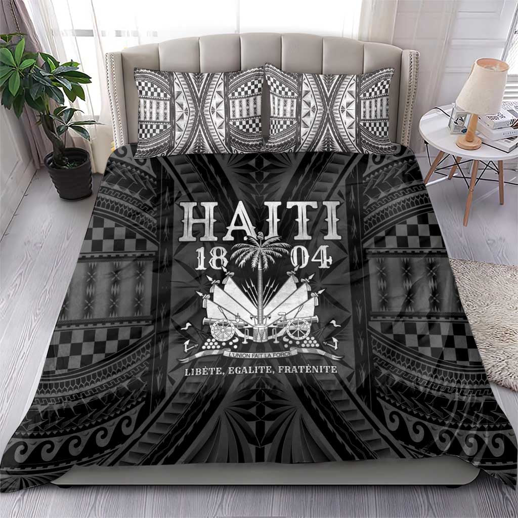 Black and white duvet with Haiti 1804 lettering and ornate Polynesian-style border pattern.