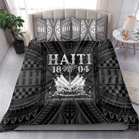 Black and white duvet with Haiti 1804 lettering and ornate Polynesian-style border pattern.