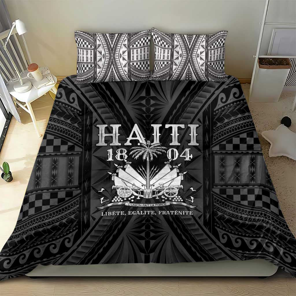 Black and white duvet set with two pillows and Haiti 1804-style central emblem artwork.