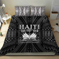 Black and white duvet set with two pillows and Haiti 1804-style central emblem artwork.