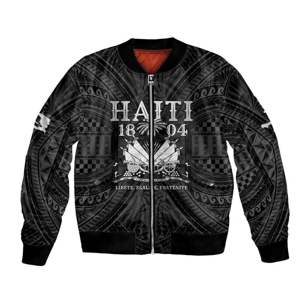 Unisex black bomber jacket with front zip and ornate Haiti 1804 graphic