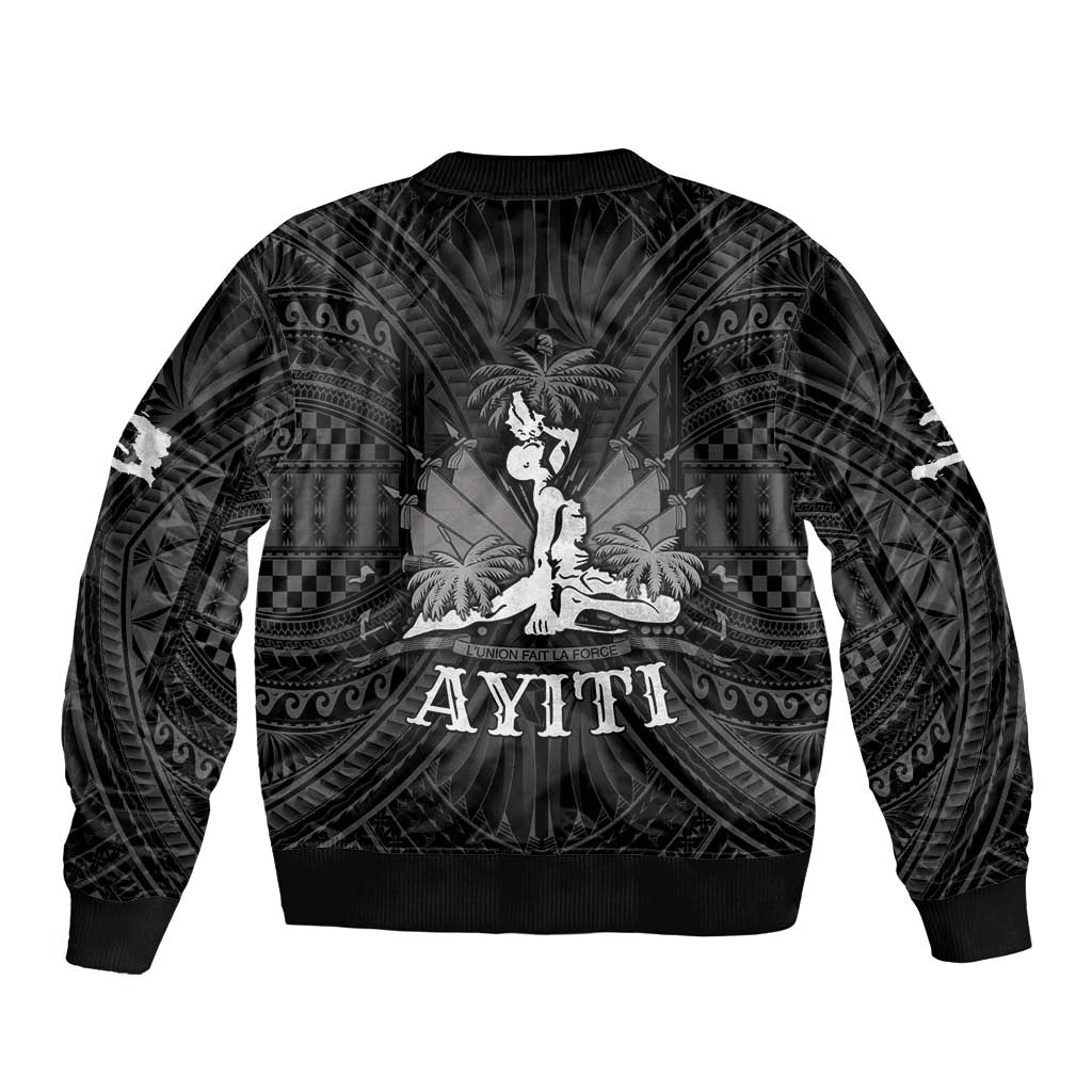 Unisex black bomber jacket with back crest print and ribbed cuffs