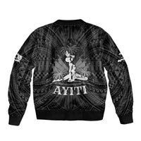 Unisex black bomber jacket with back crest print and ribbed cuffs