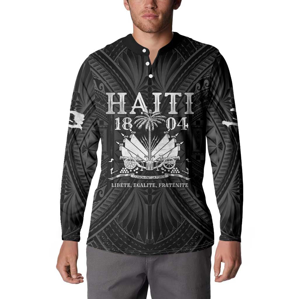 Black button-up sweatshirt with long sleeves, front graphic, and three-button placket