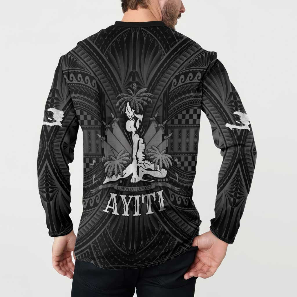 Black button-up sweatshirt with long sleeves and full-back graphic pattern