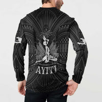 Black button-up sweatshirt with long sleeves and full-back graphic pattern