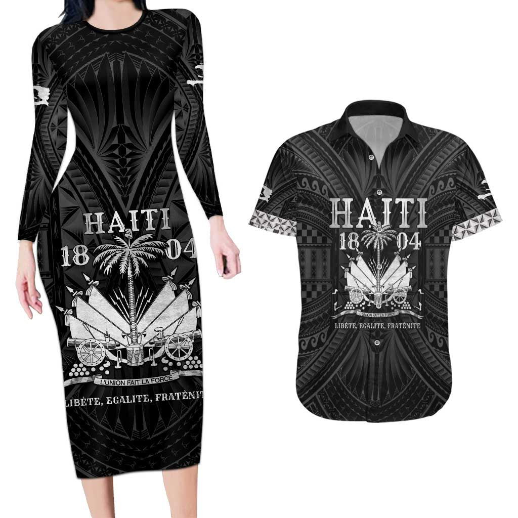 Haiti 1804 Couples Matching Long Sleeve Bodycon Dress and Hawaiian Shirt Polynesian Silver Neg Maron LT05 - Wonder Print Shop