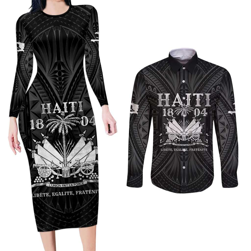 Haiti 1804 Couples Matching Long Sleeve Bodycon Dress and Long Sleeve Button Shirt Polynesian Silver Neg Maron LT05 - Wonder Print Shop