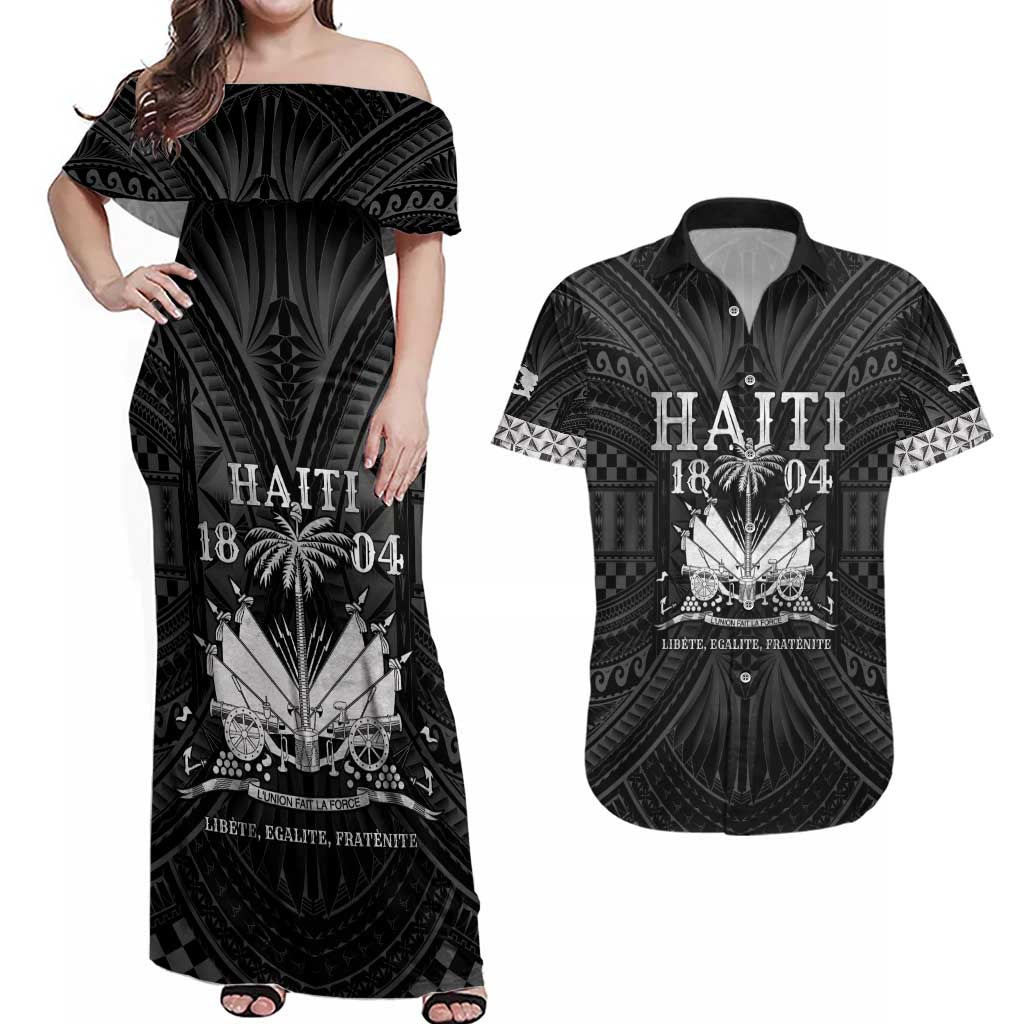 Haiti 1804 Couples Matching Off Shoulder Maxi Dress and Hawaiian Shirt Polynesian Silver Neg Maron LT05 - Wonder Print Shop