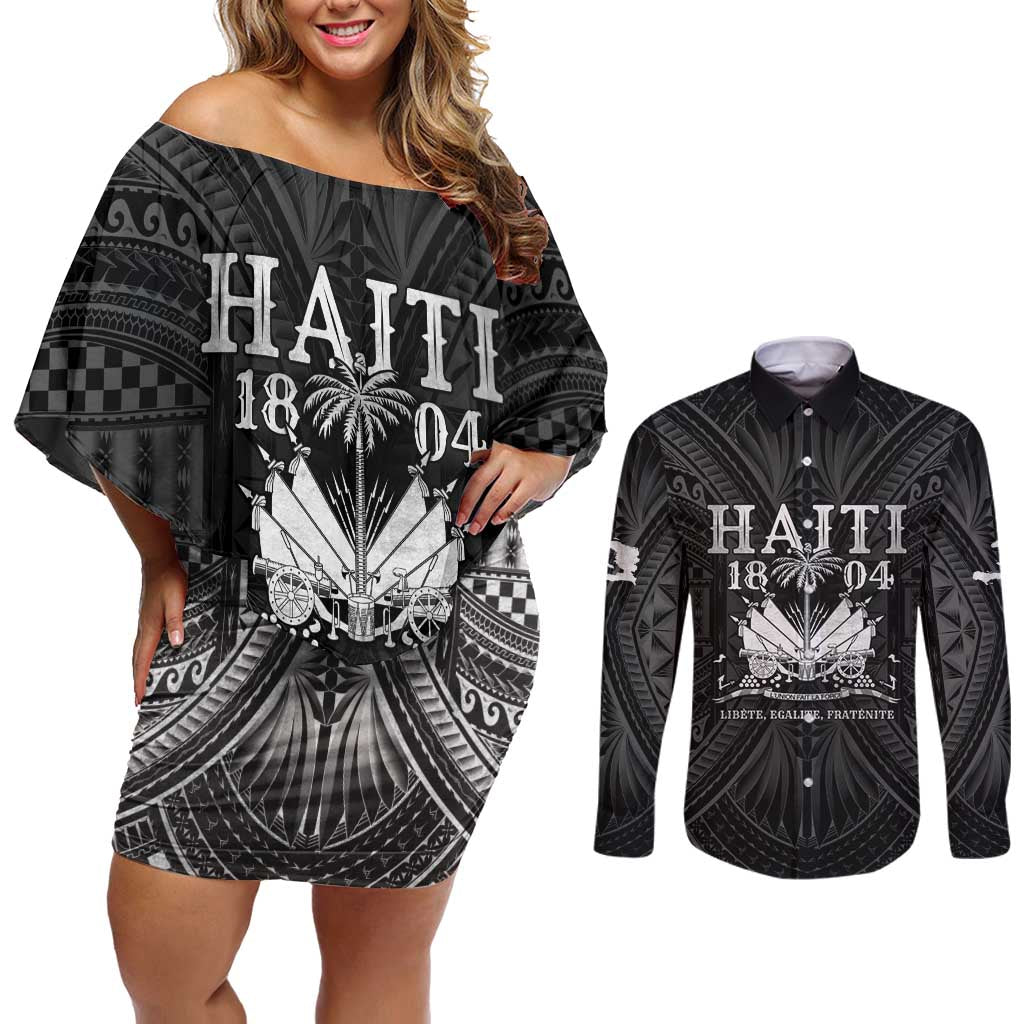 Haiti 1804 Couples Matching Off Shoulder Short Dress and Long Sleeve Button Shirt Polynesian Silver Neg Maron LT05 - Wonder Print Shop