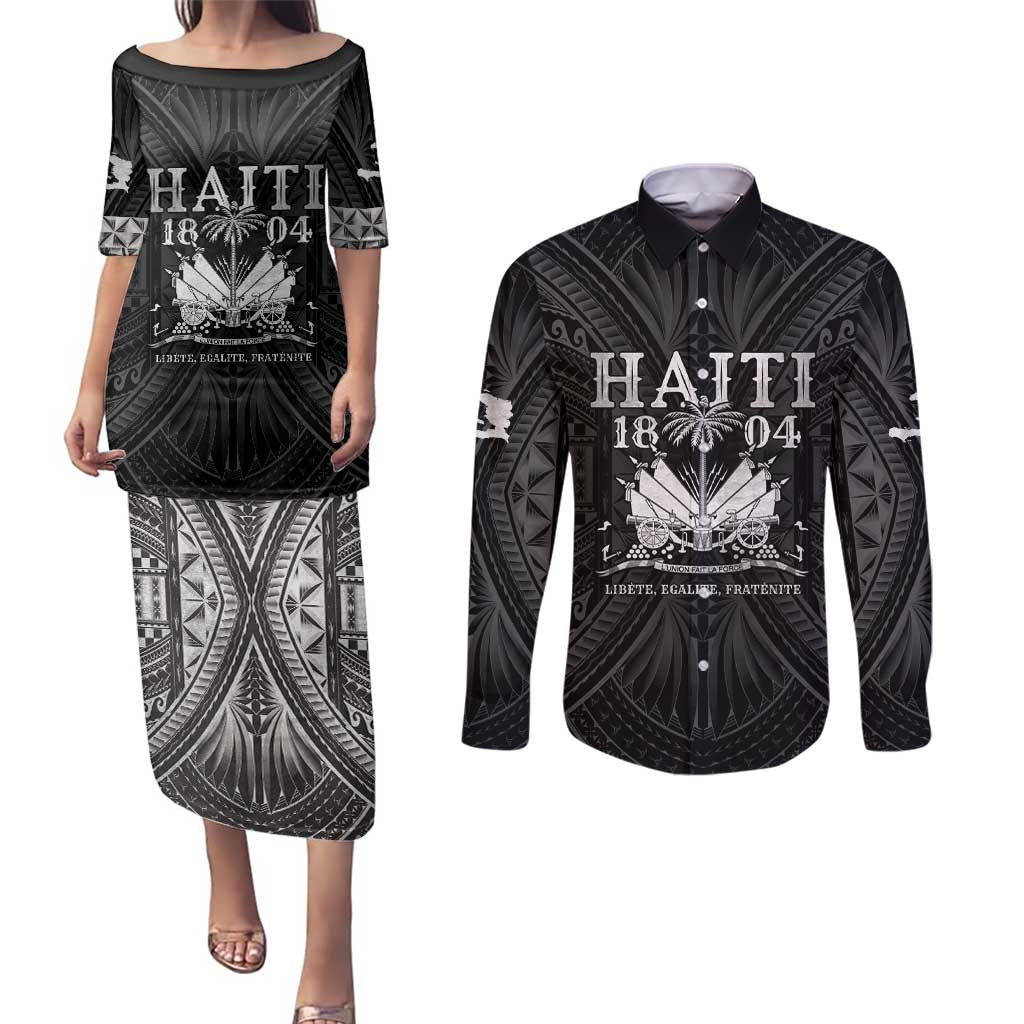 Haiti 1804 Couples Matching Puletasi and Long Sleeve Button Shirt Polynesian Silver Neg Maron LT05 - Wonder Print Shop