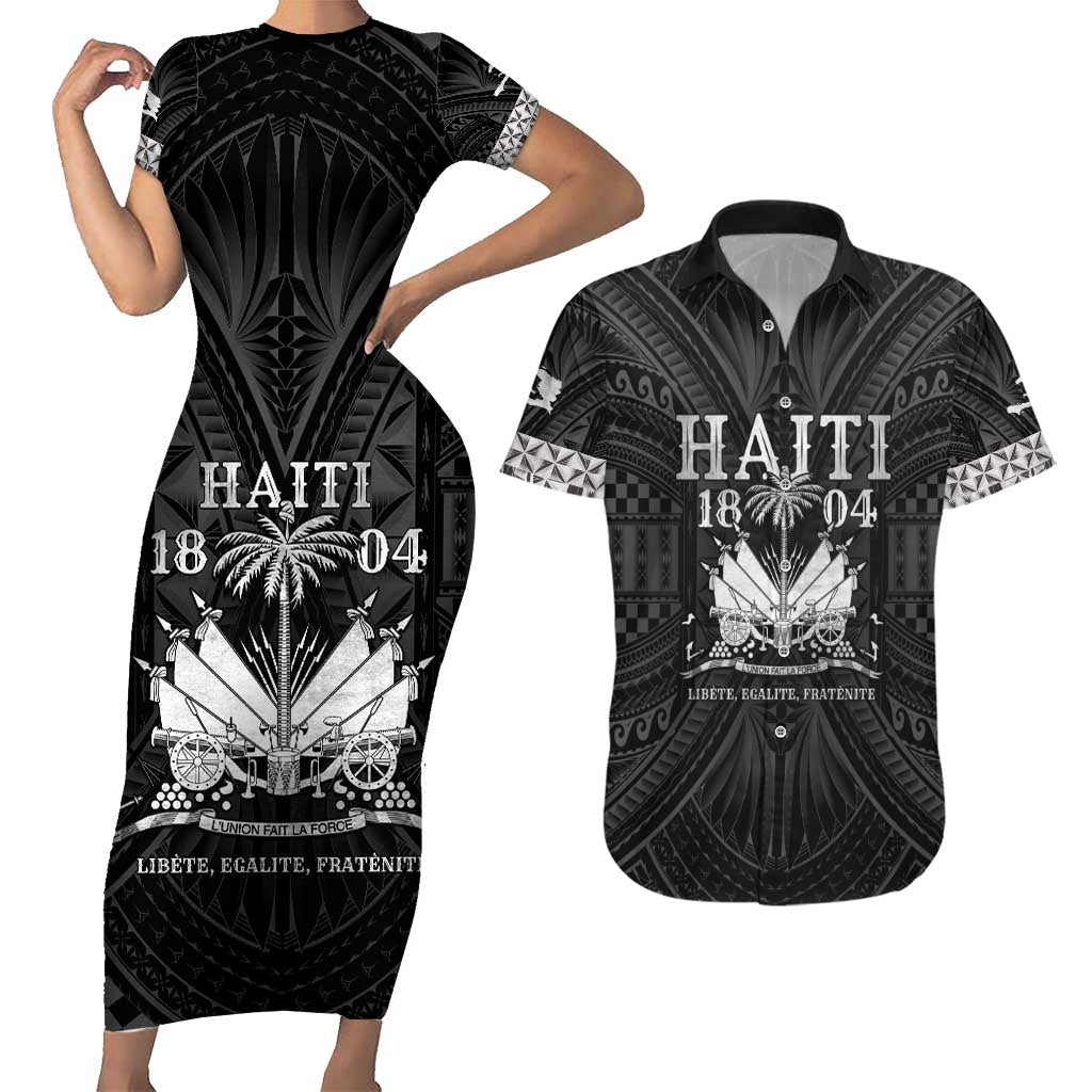 Haiti 1804 Couples Matching Short Sleeve Bodycon Dress and Hawaiian Shirt Polynesian Silver Neg Maron LT05 - Wonder Print Shop