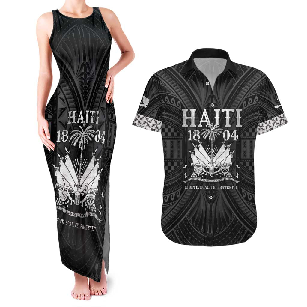 Haiti 1804 Couples Matching Tank Maxi Dress and Hawaiian Shirt Polynesian Silver Neg Maron LT05 - Wonder Print Shop