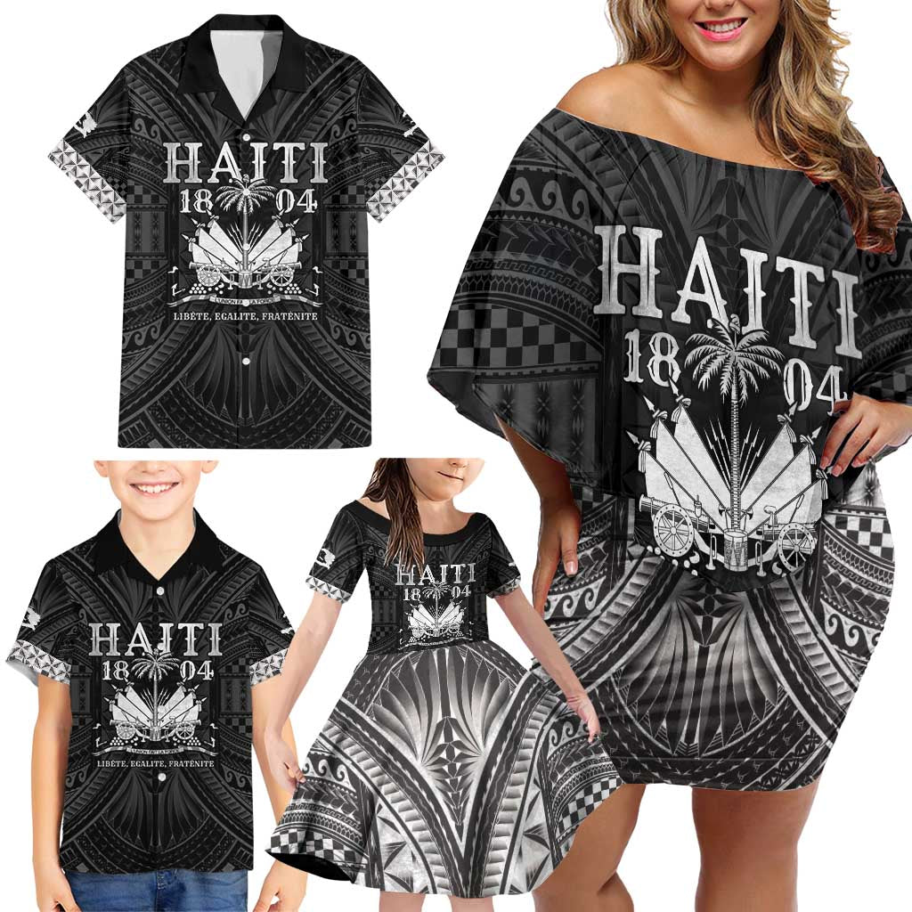 Haiti 1804 Family Matching Off Shoulder Short Dress and Hawaiian Shirt Polynesian Silver Neg Maron LT05 - Wonder Print Shop