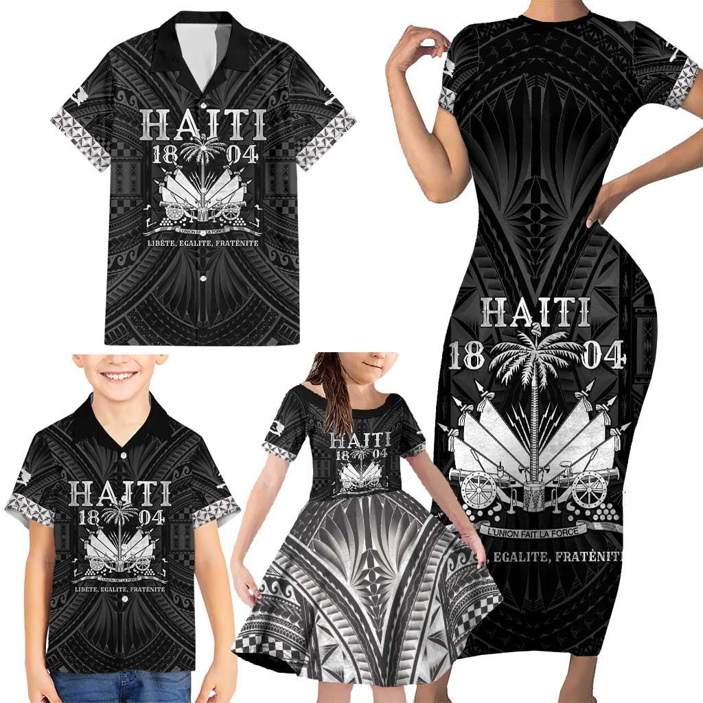 Haiti 1804 Family Matching Short Sleeve Bodycon Dress and Hawaiian Shirt Polynesian Silver Neg Maron LT05 - Wonder Print Shop