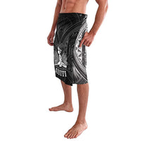 Men's lavalava-style shorts, black with large white Polynesian motif and HAITI lettering