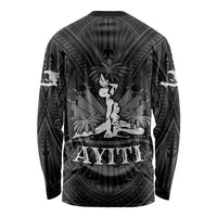 Unisex long-sleeve shirt, dark with 'AYITI' back graphic and palm-feather design