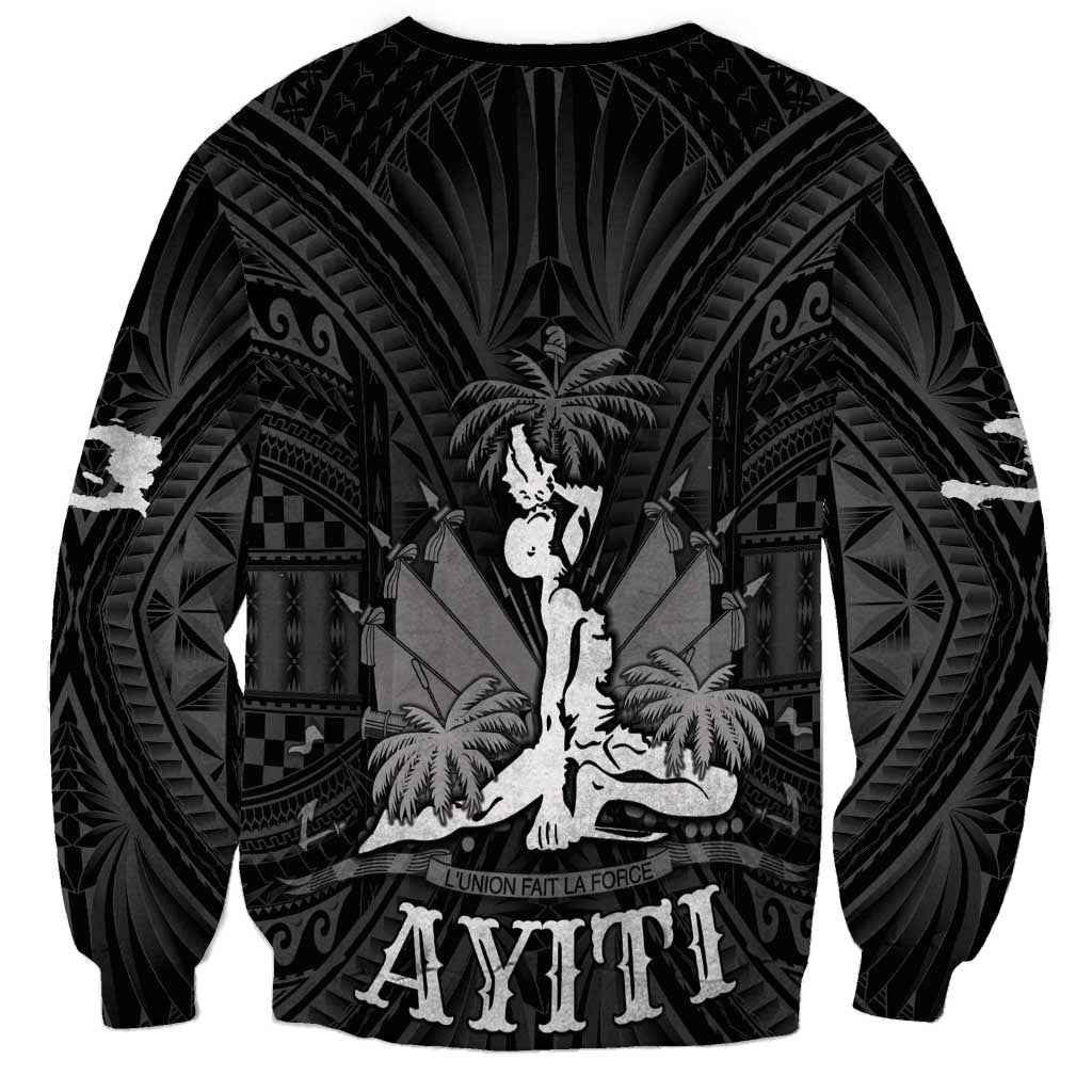 Unisex black sweatshirt with back HAITI graphic and detailed Polynesian-style design