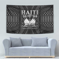 Wall tapestry with silver crest and rays, dark gray patterned border and shield details