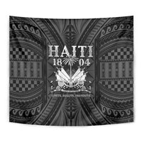 Wall tapestry draped with silver crest and rays on dark gray patterned panels
