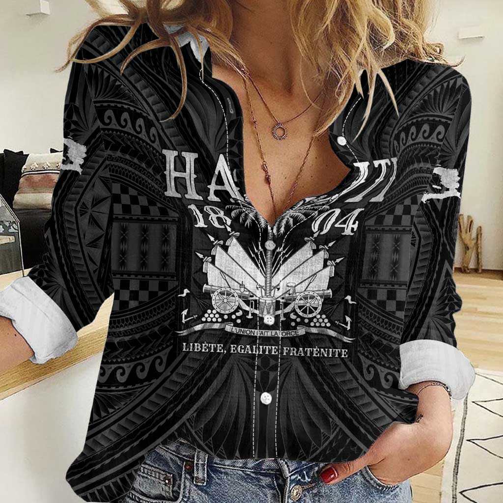 Women's black long-sleeve casual shirt with button front and ornate Polynesian-style print