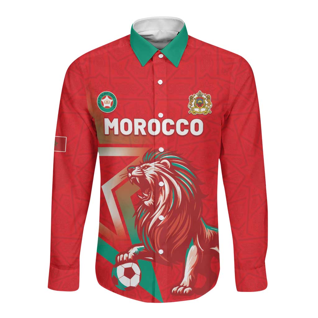 Custom Morocco WC Football 2026 Long Sleeve Button Shirt Go Champions Lion Spirit - Wonder Print Shop