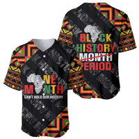 Black baseball jersey with Black History Month Period front text and multicolor trim