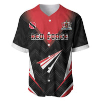 Custom cricket baseball jersey with red front, black geometric pattern, crest, RED FORCE text