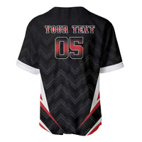 Custom cricket baseball jersey back, black geometric pattern, white-red stripes, YOUR TEXT 05