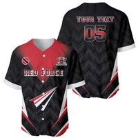 Custom cricket baseball jersey set: red front with crest, black back with YOUR TEXT 05