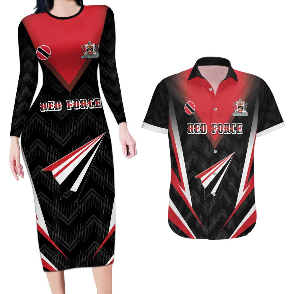 Custom Trinidad And Tobago Cricket Couples Matching Long Sleeve Bodycon Dress and Hawaiian Shirt Go Red Force