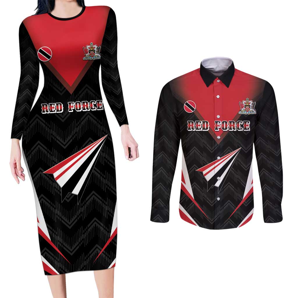 Custom Trinidad And Tobago Cricket Couples Matching Long Sleeve Bodycon Dress and Long Sleeve Button Shirt Go Red Force