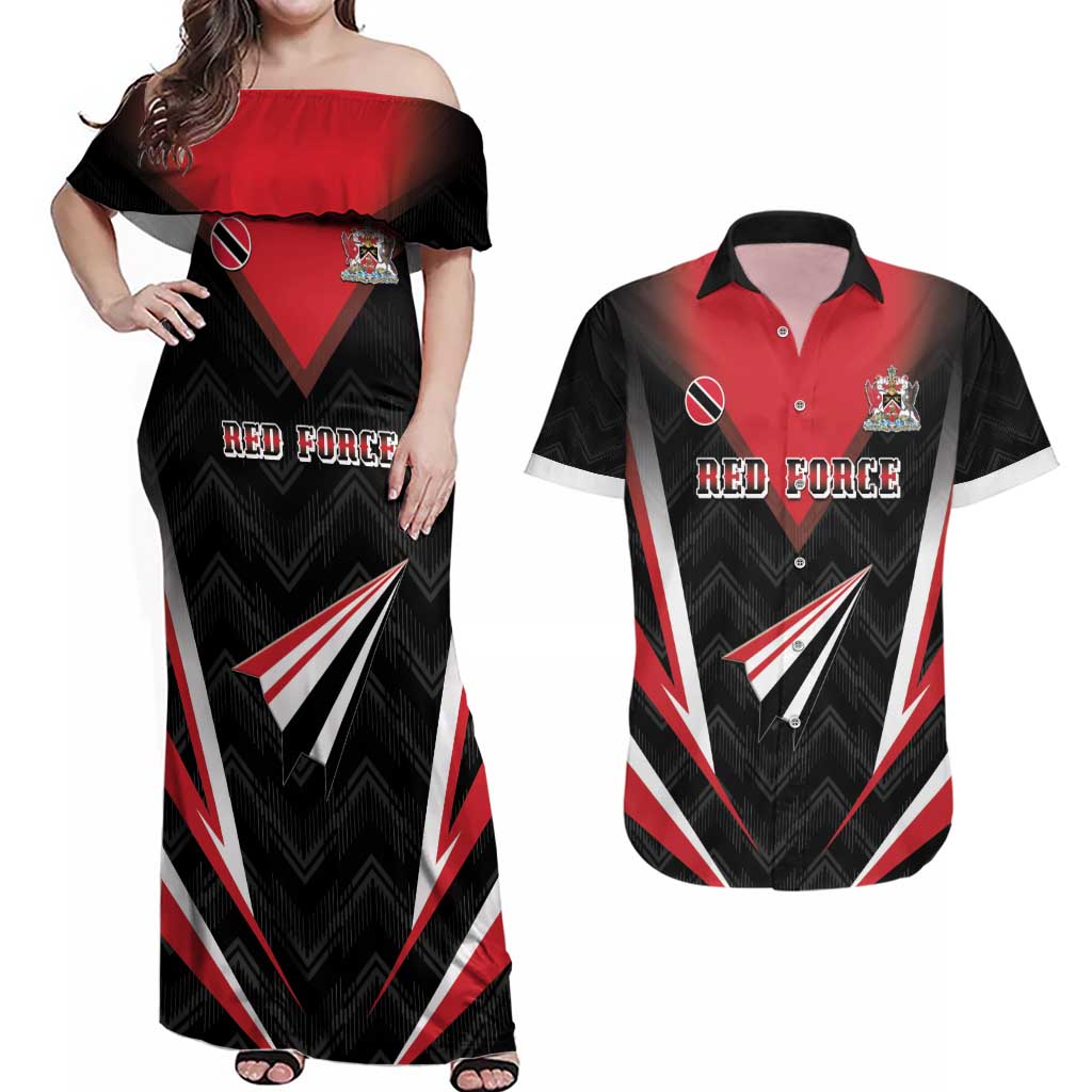 Custom Trinidad And Tobago Cricket Couples Matching Off Shoulder Maxi Dress and Hawaiian Shirt Go Red Force