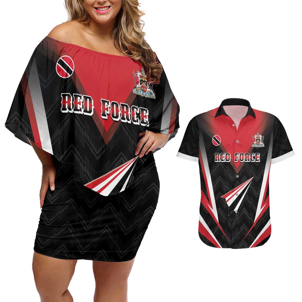 Custom Trinidad And Tobago Cricket Couples Matching Off Shoulder Short Dress and Hawaiian Shirt Go Red Force