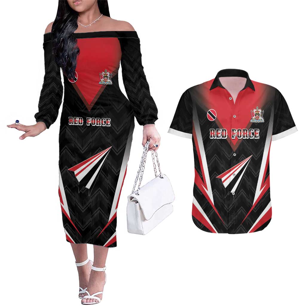 Custom Trinidad And Tobago Cricket Couples Matching Off The Shoulder Long Sleeve Dress and Hawaiian Shirt Go Red Force