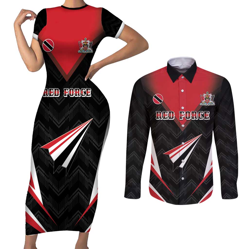 Custom Trinidad And Tobago Cricket Couples Matching Short Sleeve Bodycon Dress and Long Sleeve Button Shirt Go Red Force