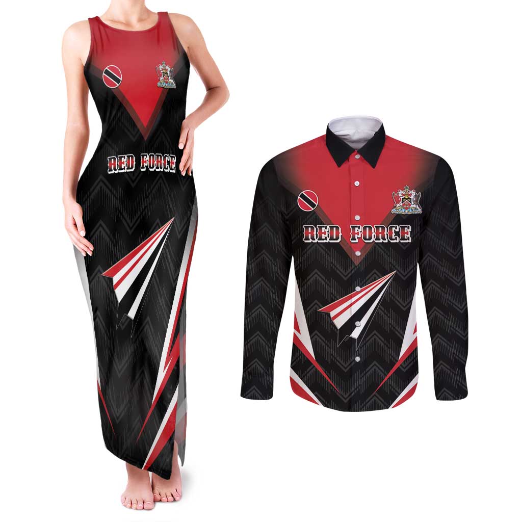 Custom Trinidad And Tobago Cricket Couples Matching Tank Maxi Dress and Long Sleeve Button Shirt Go Red Force