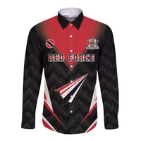 Black long-sleeve button cricket shirt with red front panel and emblem graphic