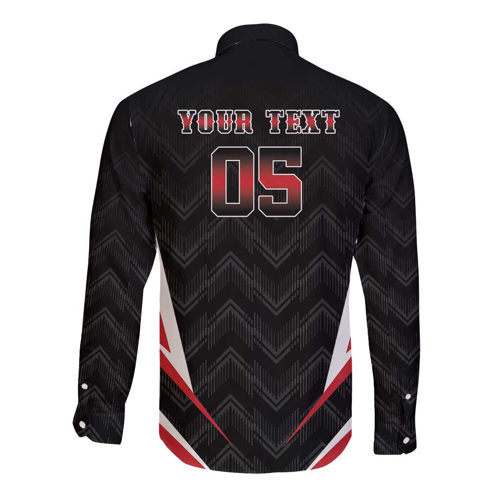 Black long-sleeve button cricket shirt, back text 'YOUR TEXT' and number '05'