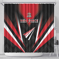 Shower curtain with black, red, and white chevron rays and centered “RED FORCE” text