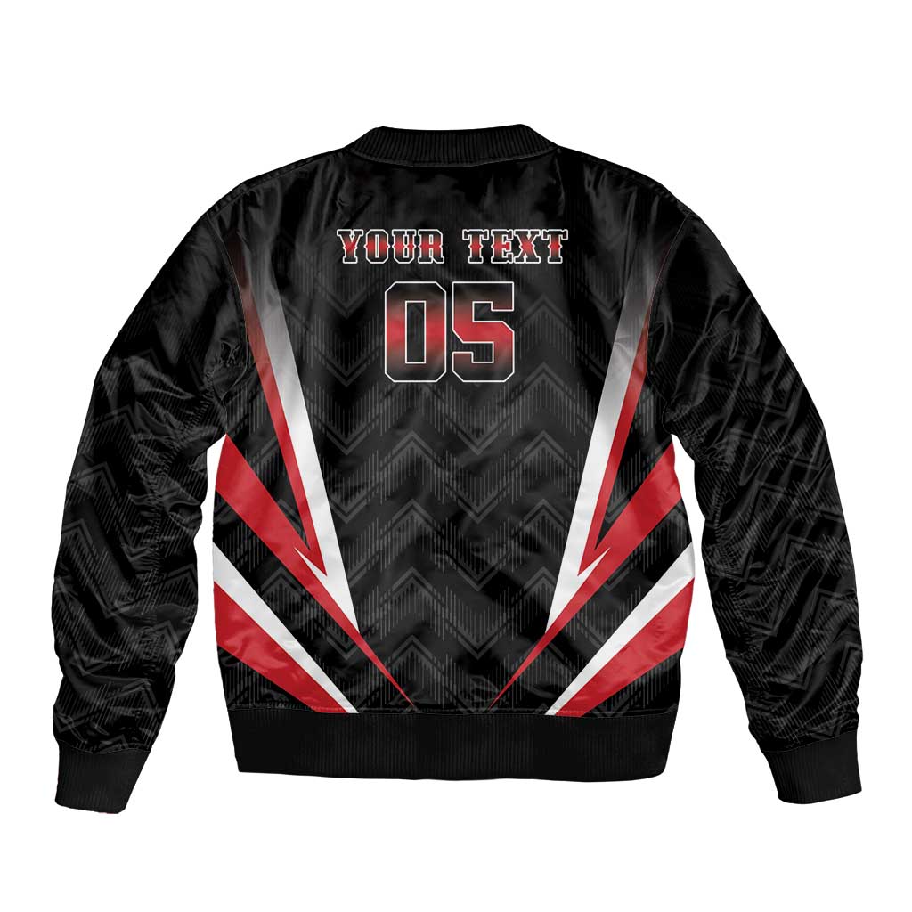Black zip-up bomber jacket with back print YOUR TEXT 05 and Union Jack stripes